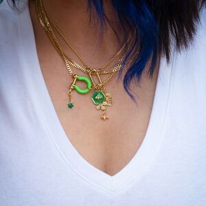 Bee Theme Green Enamel Charm Carabiner Clasp Necklace with 4 charms